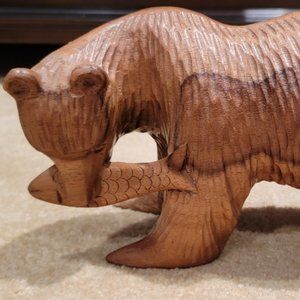 Vintage, Hand Carved Wood Bear w/ Fish,